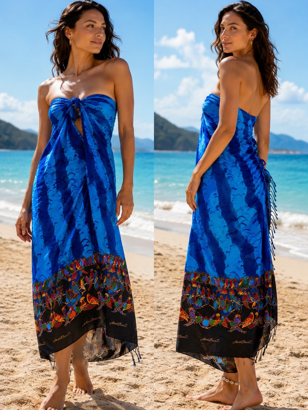 Laurel Burch Colorful Bird Print Rayon Sarong Pareo Beach Cover Up Scarf NWOT